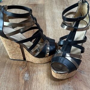 JIMMY CHOO Black and Bronze Strappy Wedge Sandals